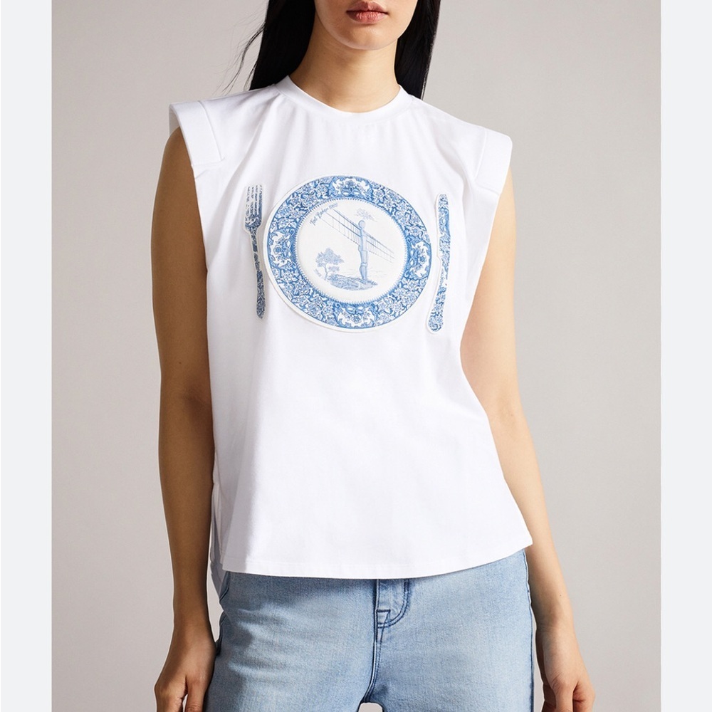 Ted Baker London White Sleeveless Tee with Blue Plate Print